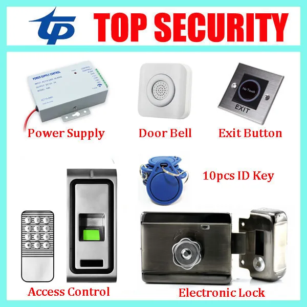 

Standalone fingerprint door access control system with keypad+power supply+electronic lock+exit button+wrie bell+10pcs RFID key