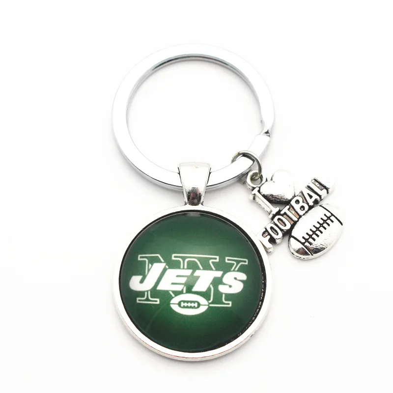 

New Arrived 1pcs Round Keychains I Love Football NY Jets Glass Pendant Silver Sports Key Chains Key Ring Jewelry