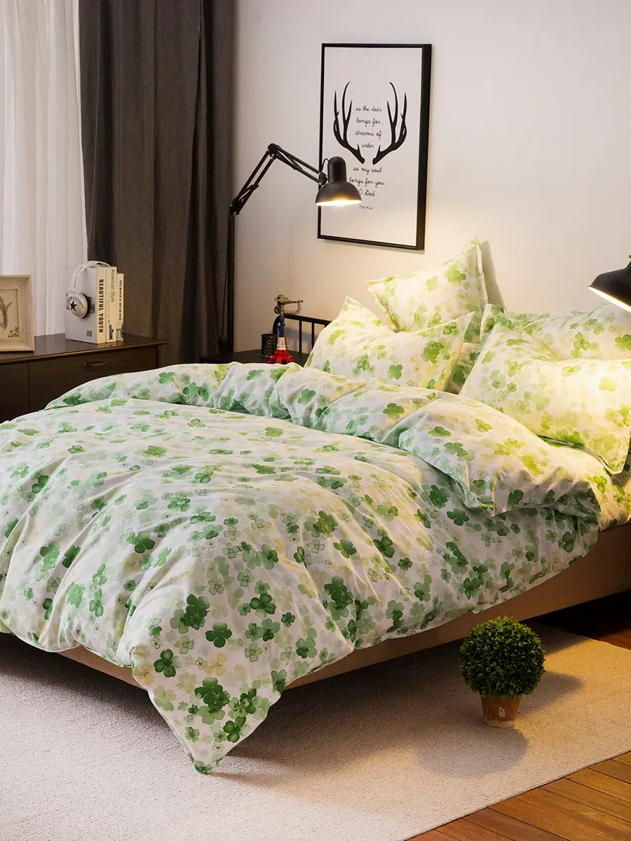 

4Pcs Bedding Set Color Block Plant Pattern Soft Comfortable Beddings