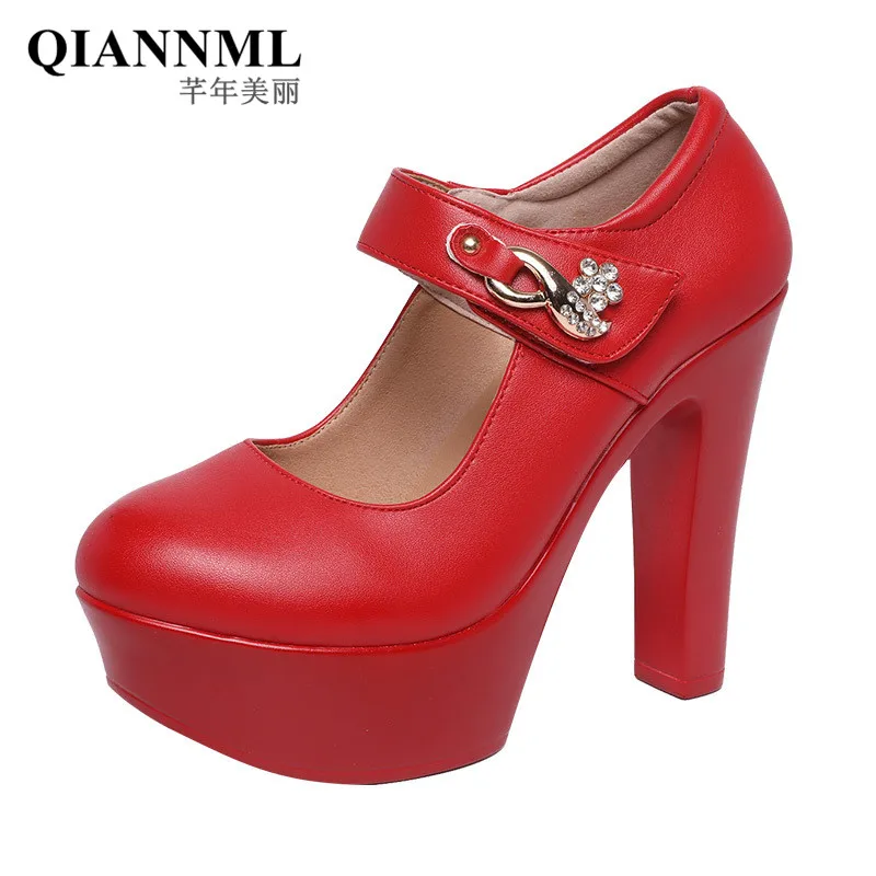 Plus Size 32-43 Rhinestone Wedding Shoes Block Heels Pumps Women 2019 White Silver Red Extreme High Heel Shoes Platform