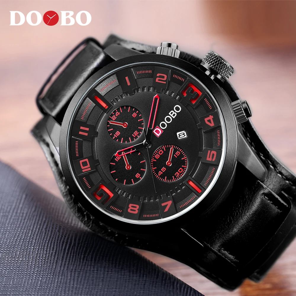 Мужские s часы лучший бренд класса люкс DOOBO мужские часы кожаный ремешок модные кварцевые часы повседневные спортивные наручные часы с календарем часы Relojes - Цвет: black