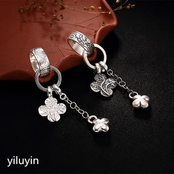 

KJJEAXCMY Fine jewelry S990, hollowed out, clover flowers, riches and fringes, pure silver Thai silver sweater chain pendant