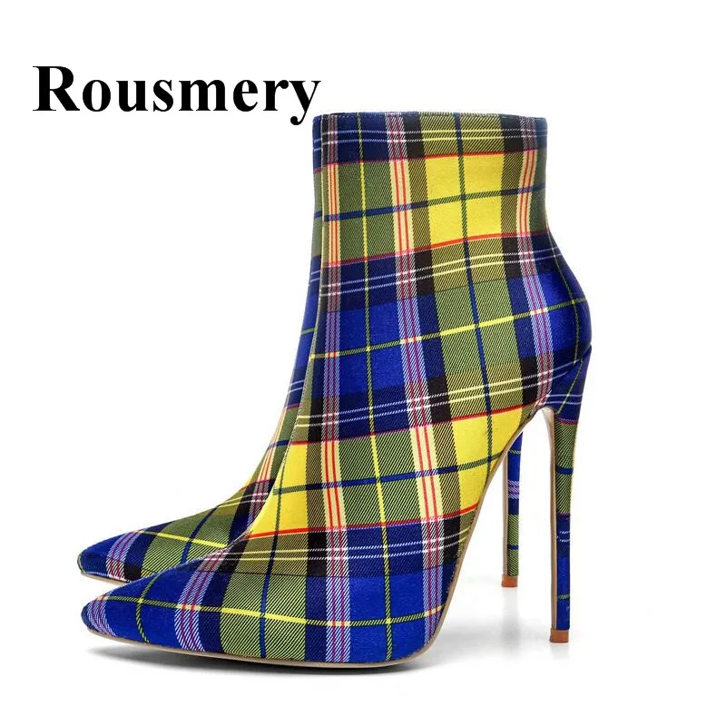 

2018 Winter Newest Gingham Cloth Pointed Toe Thin High Heel Short Plush Inner Side Zipper Fashion Sexy Women Ankle Boots