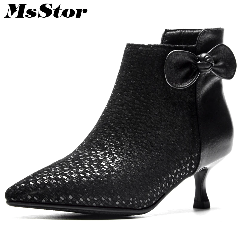 

MsStor Women Boots Fashion Zipper Sexy Cow Leather Ankle Boots Women Shoes Pointed Toe Thin Heels Med Heel Boots Shoes For Girl