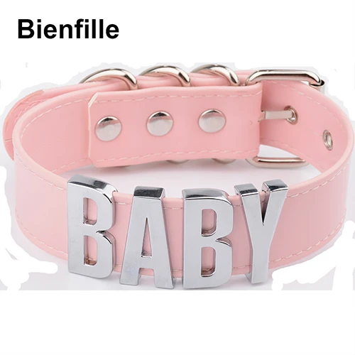 Персонализированные браслеты с подвесками Kawaii из золотистого металла буквы Baby колье Цепочки и ожерелья Для женщин и девочек; искусственная кожа ПУ; цвет розовый в стиле панк с высоким каблуком и с Harajuku воротник слово Цепочки и ожерелья - Окраска металла: PinkSilver