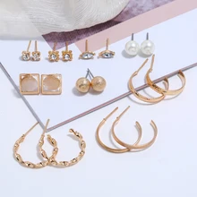 9 пар Новая мода Золотая шпилька серьги драгоценный камень имитация жемчуга Стразы Длинный Комплект сережек для женщин ювелирные изделия brincos bijoux