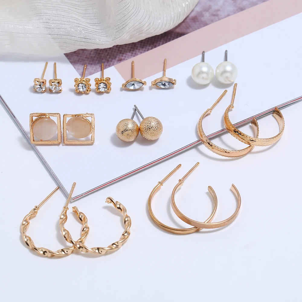 

9pairs New Fashion Golden Stud Earrings Gem Stone Simulated Pearl Rhinestone Long Earrings Set For Women Jewelry brincos bijoux