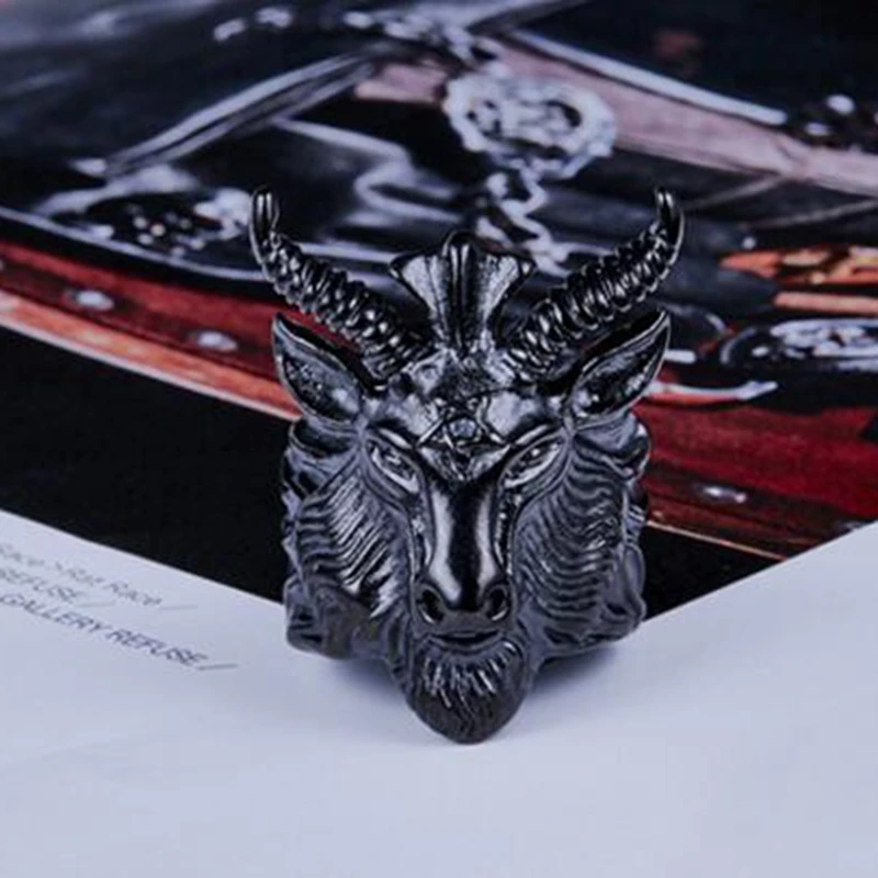 wholesale stainless steel satan worship baphomet ram aries aodiac sheep goat head horn biker rings  (2)