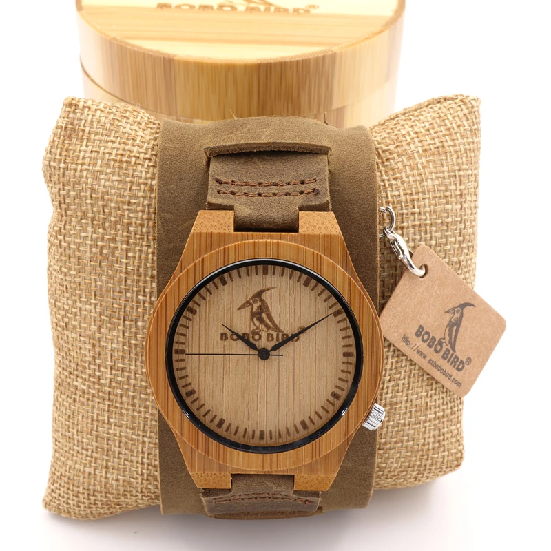 BOBO BIRD Wooden Wristwatch Mens Bamboo Dial Brown Leather Quartz Watch in Gift Box Logo Customization Available Male hodinky