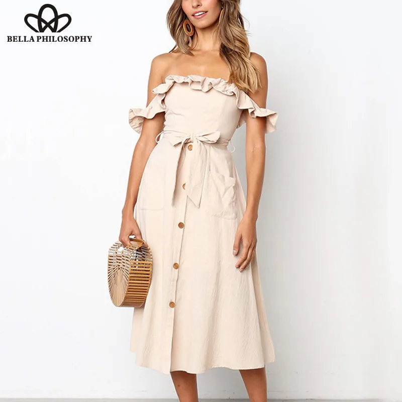 Wonder Sexy off shoulder ruffle women dress Elegant black button sash summer sexy dress Casual female midi lady vestidos festa