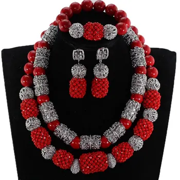 

Red Chunky African Beads Jewelry Set Red and Silver Crystal Bridal Costume Jewelry Set for Women Christmas Jewelry Set CNR915