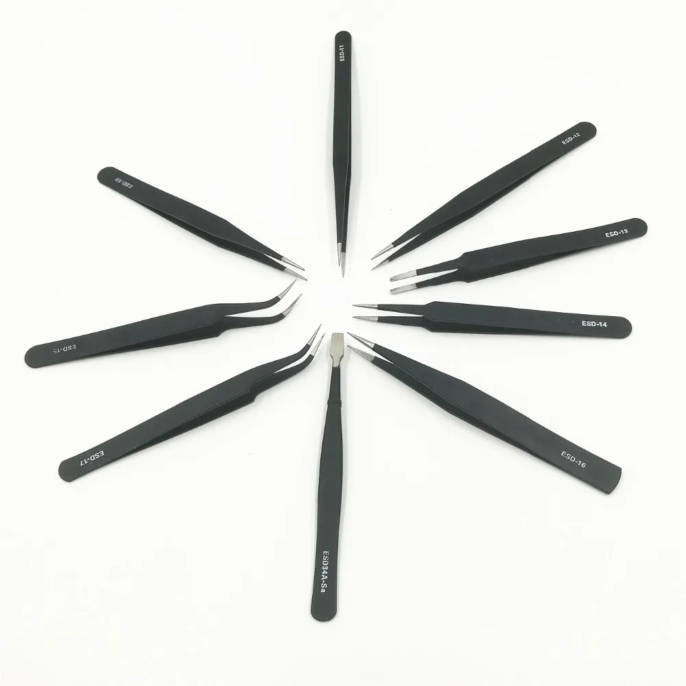 

9pcs/set ESD Anti-Static Anti-magnetic Stainless Steel Tweezers Set for Electronics Phone Repairing Tool Thickness 1.5mm