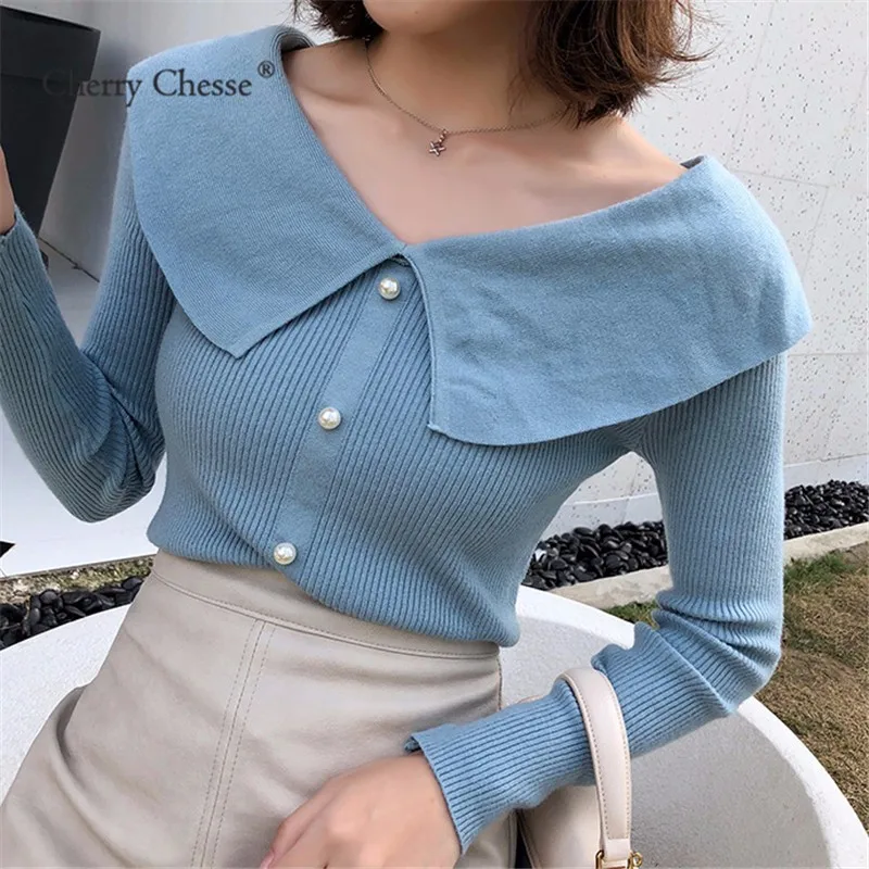 Chesse Harajuku Sweet Women Sweater Knitted Solid Button Tops Autumn Spring Female Pullover | Женская одежда