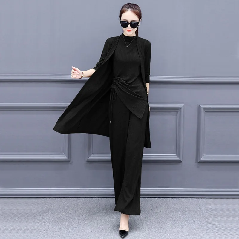 

Women Casual Slim Fashion Long-Sleeved Round Collar Tops+Solid Color Single-Breasted Coat+ Wide-Leg Pants Three-Piece Suit J1