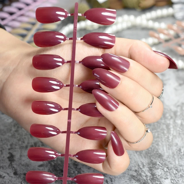 Almond Design Acrylic Nails Dark Red Wine Candy Pure Color Medium ...