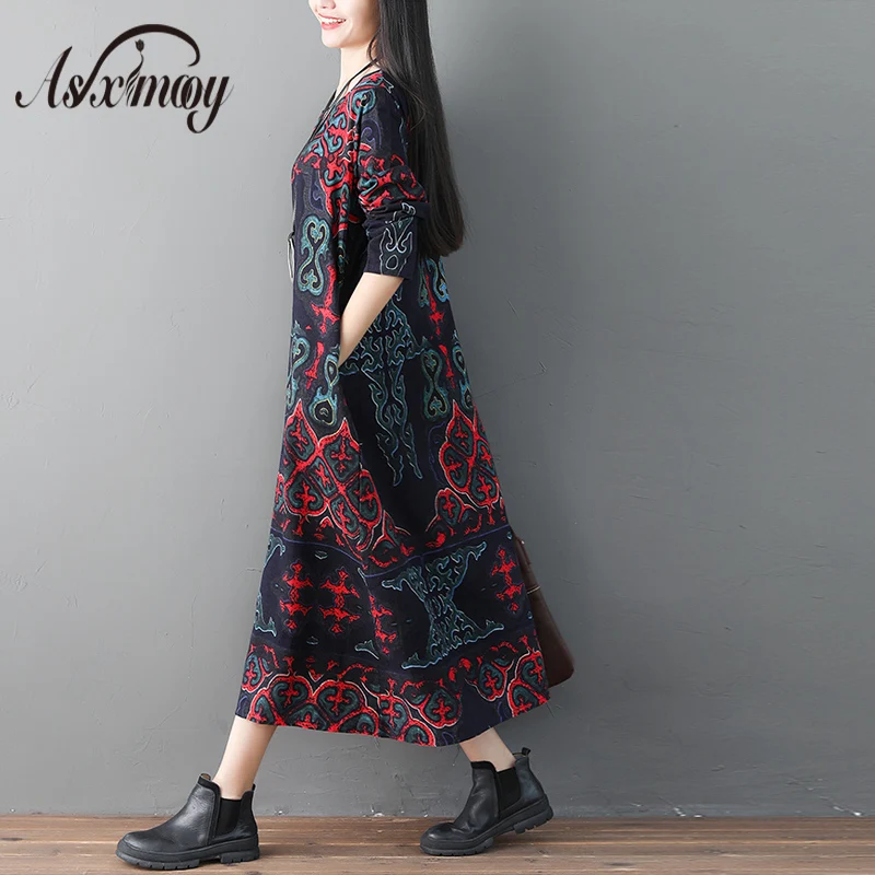 

Cotton Linen Dress Women Vintage Print Long Maxi Dresses For Women Long Sleeve Elegant Plus Size Spring Autumn Dress Vestidos