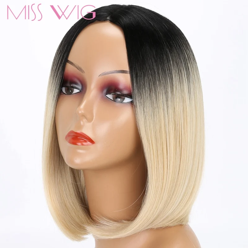 MISS WIG Black Ombre Blonde Gray Synthetic Short Straight Bob Hair Wigs For Black Women_