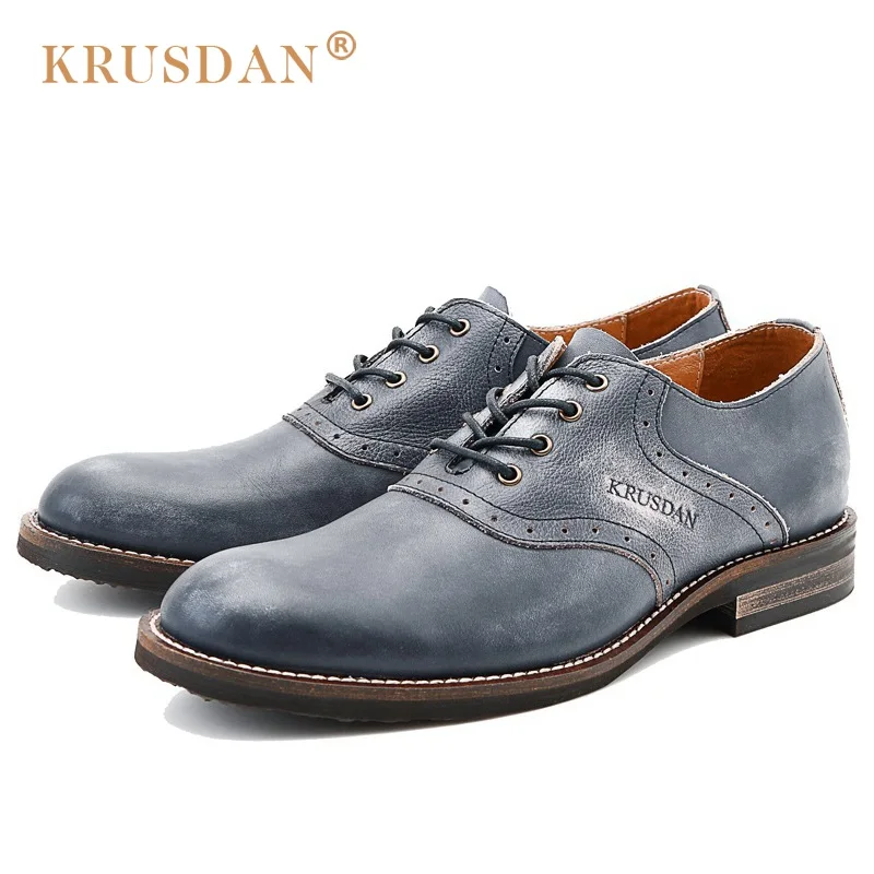 KRUSDAN Vintage Formal Man Derby Dress Shoes Genuine Leather Casual Handmade Oxfords Round Toe Lace up Men's Business Flats OQ11