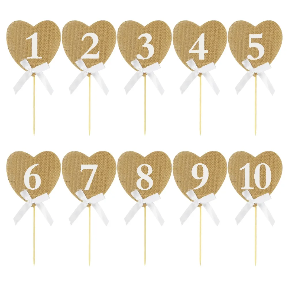 Vintage Wedding Table Numbers 1-10 Rustic Burlap Hearts Shape Decoration for Party | Дом и сад