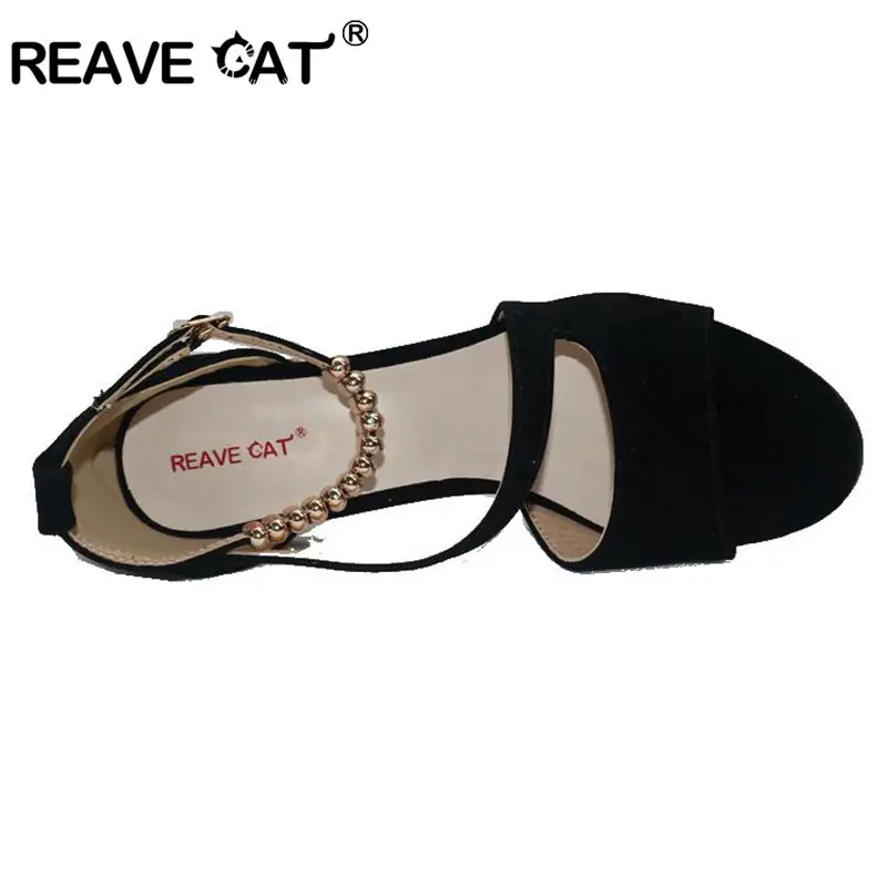 Женские босоножки из флока REAVE CAT летние туфли с пряжкой и бусинами черные красные