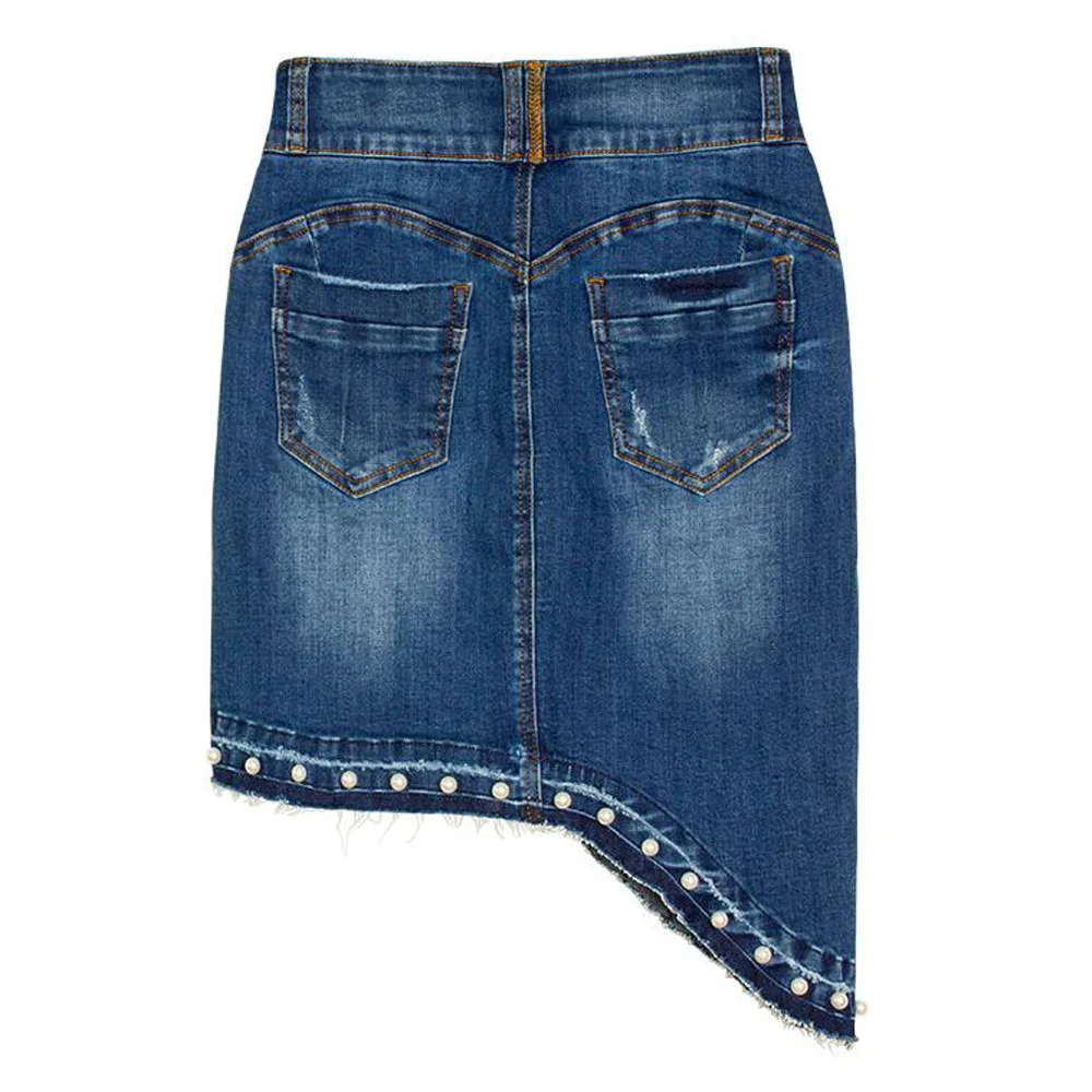 Плюс размер джинсовая юбка 3XL высокая талия стрейч асимметричный подол жемчуг Bodycon мини джинсовые юбки Уличная Повседневная юбка Jupe Femme