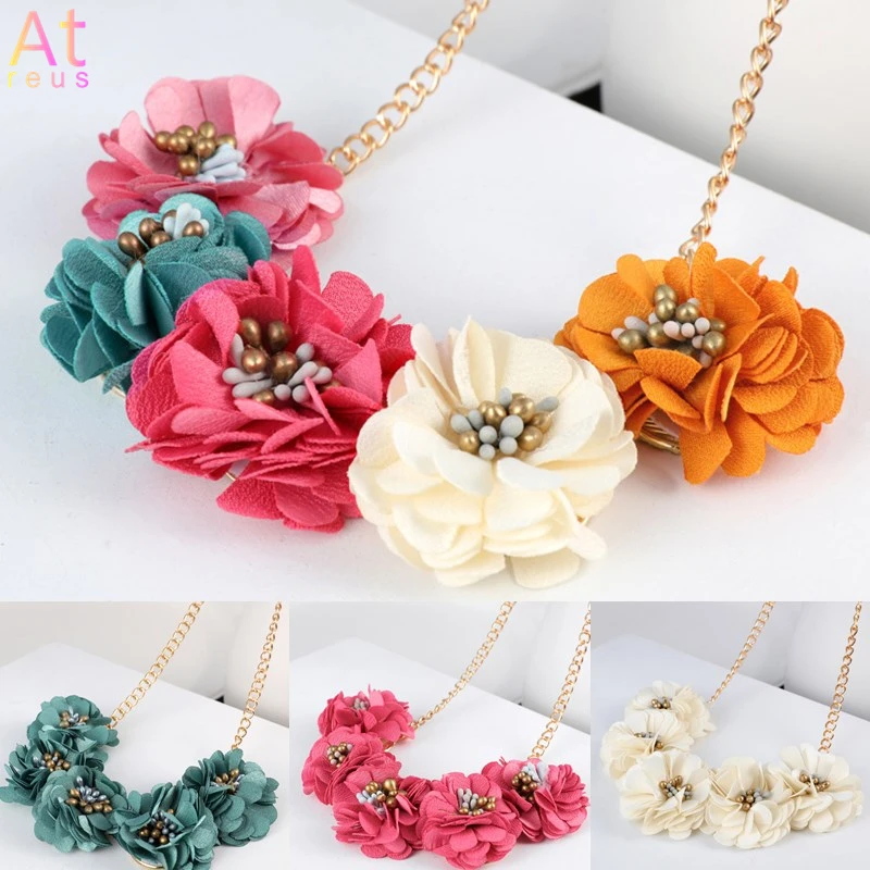 Большое ожерелье с цветами из ткани для женщин, свадебные ювелирные изделия, разноцветное розовое цветочное колье, ожерелье золотого цвета на цепочке для пляжа