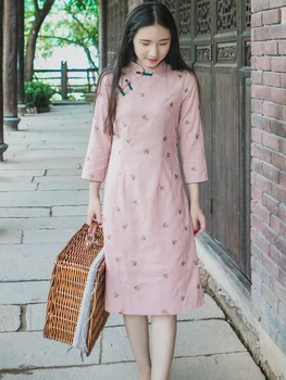 

2020 cotton plum purple blue cable lead waist structure waist hemp flowers rope collision dress cheongsam dress