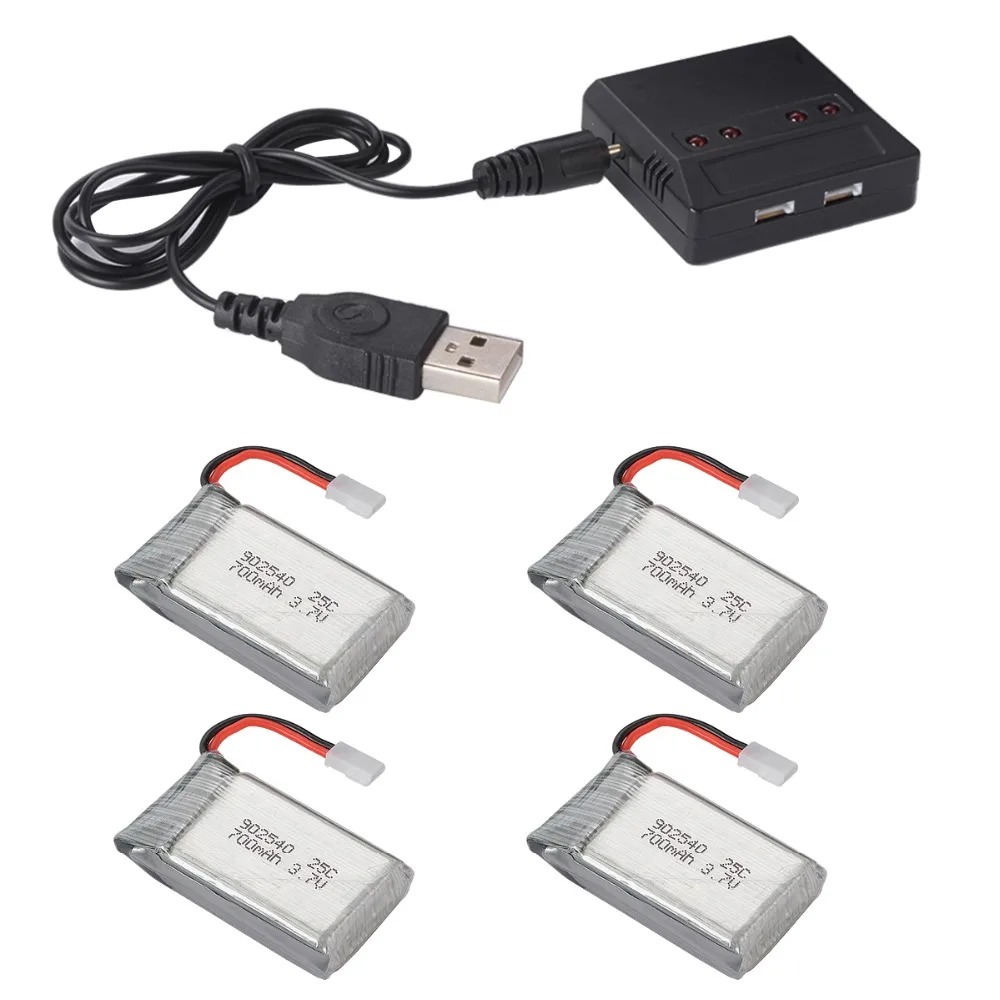 

4pcs Lipo Battery 3.7v 700mah/750mah + X4 USB Lipo Charger for Syma X5C-1 X5C X5 X5SC X5SW X6SW JJRC H9D H5C MJX RC Drones