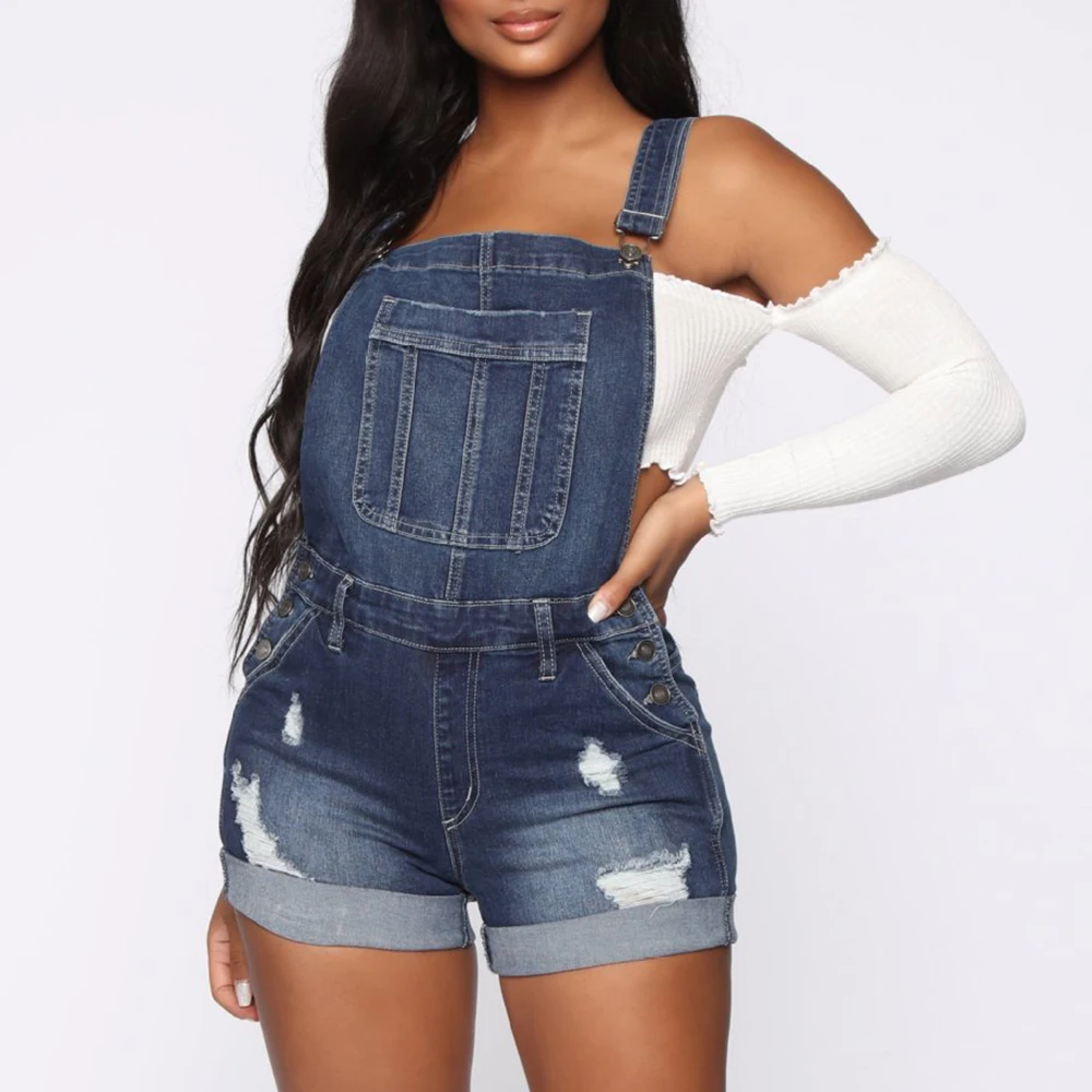 

Jumpsuit Solid Casual Women Washed Button Denim Blue Overalls Streetwear Ripped Hole Slim Fit Jean Short Jumpsuits Playsuit H40