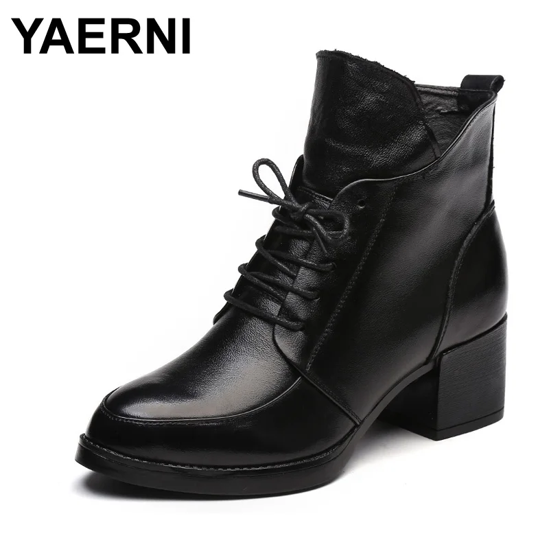YAERNI/женские ботинки из натуральной кожи на толстом каблуке Однотонные Черные