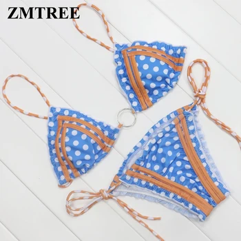 

ZMTREE Dot Bikini 2017 Bandage Swimwear Metal Ring Swimsuit Bikinis Set Tassel Beach Wear Bathing Suit Biquini Brazilian Femme