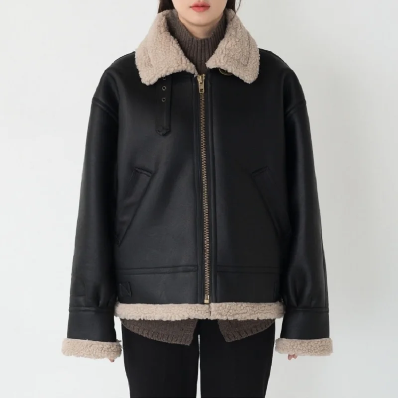 

Han edition bf new winter wind motorcycle leather jackets coat lapels, female zipper loose big yards of bladder