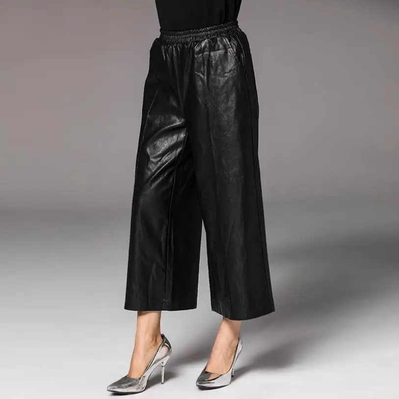 Pu Leather pants women's elastic waist leather pant female soft leather punk hip bag wide leg leather trousers wq1468 dropship