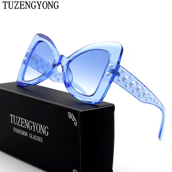 

New 2018 brand design sunglasses fashion women Oversized frame retro pearl butterfly Sun glasses for women UV400 oculos de sol