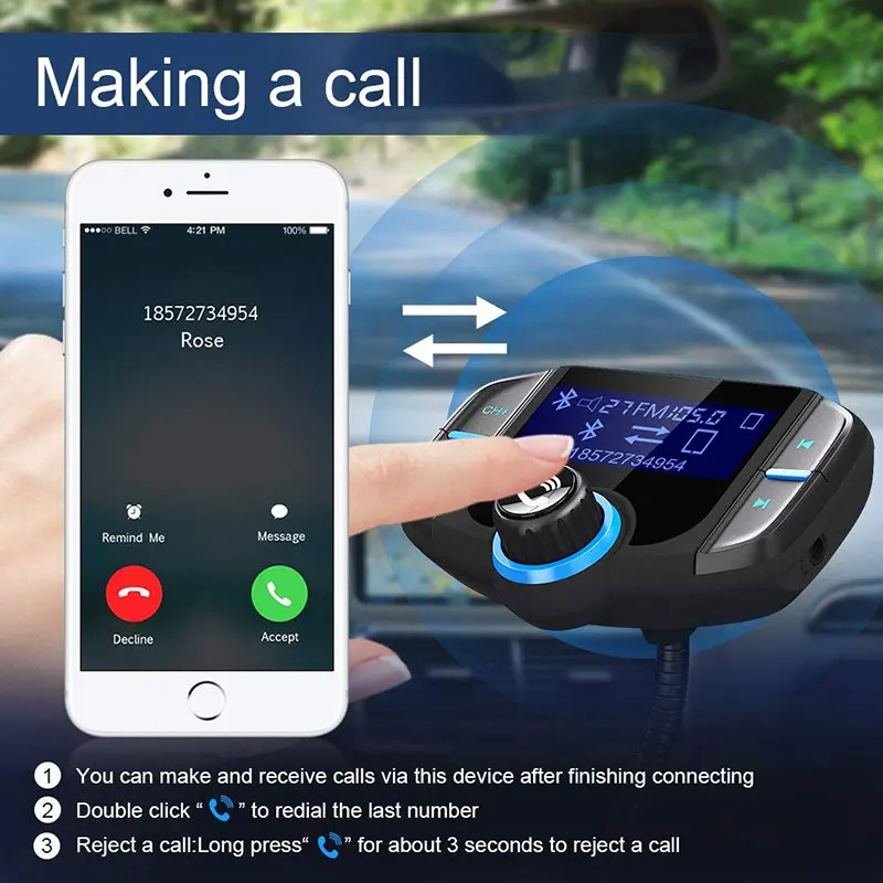 Bluetooth FM Transmitter Wireless In-car Radio Adapter Car Kit with Quick Charge 3.0 + 5V/2.4A Smart IC Dual USB Car Charger