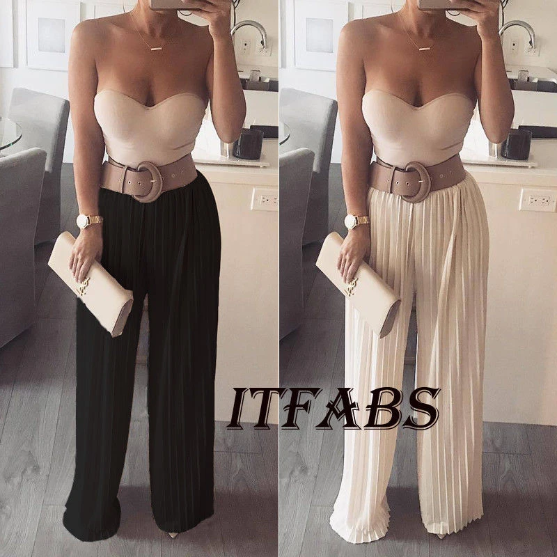 

2018 Women New Summer Wide Leg Pants Casual Loose High Elastic Waist Pants Loose Belt Pleated Elasticated Trousers
