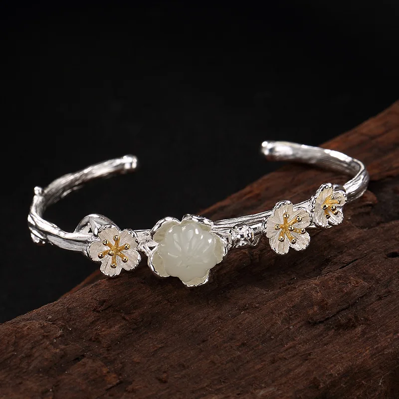 

S925 Sterling Silver Inlaid With Hetian White Plum Silver Ladies Versatile Simple Open Bracelet Good gift