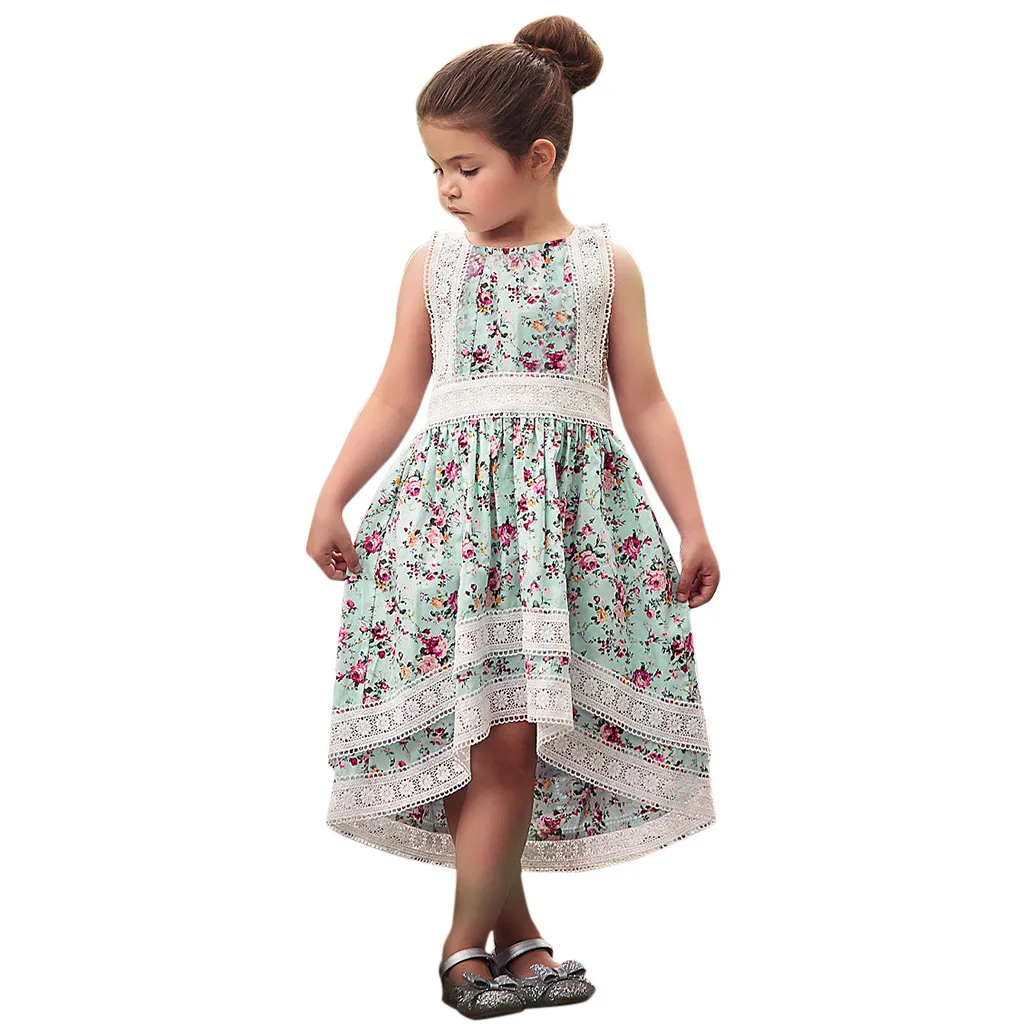 

2019 Summer Boho Dress For Girls Clothing Flower Print Tunic Sleeveless Lace Prom Princess Little Girl Clothes 2 3 4 5 6 7 Years