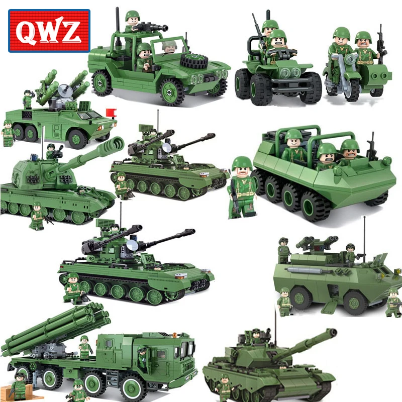 

QWZ Land War Heroes Military Series Toy Tank Car Building Blocks Sets DIY Bricks Compatible Legoings Toys for Children Gifts