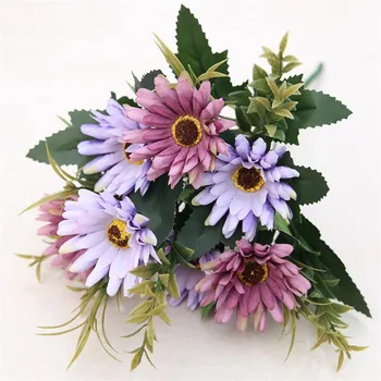 

6Pcs Fake Chrysanthemum (7 heads/bunch) Simulation Gerbera With Green Leaf for Wedding Home Decorative Artificial Flowers