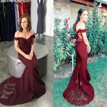 

Long Prom Dresses Sexy 2019 Burgundy Beads Sequined Mermaid Prom Dresses Lace Applique Off Shoulder Floor Length