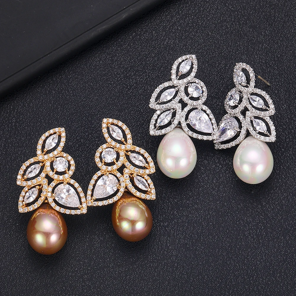 

JANKELLE Elegant leaf shape with pearl AAA Cubic Zirconia Crystal Bridal Drop Earrings Luxury Wedding Jewelry for Brides