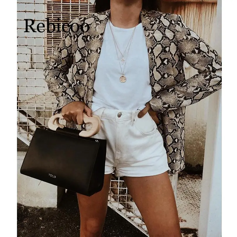 

2019 Women's British Style Snake Pattern Blazer Pocket Notched Collar Long Sleeve Slim Jacket Small Suit