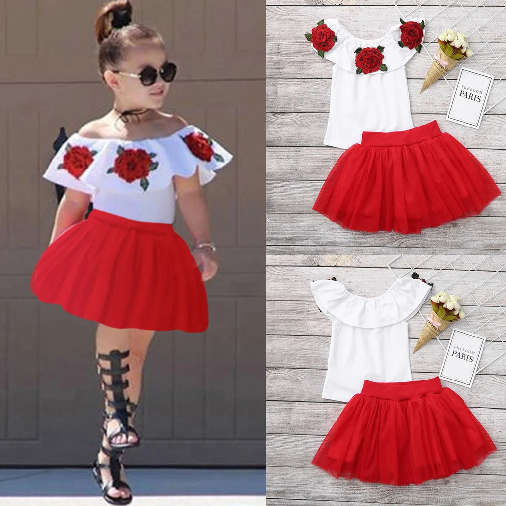 Милый комбинезон с цветочным рисунком; комплект из 2 предметов; одежда для маленьких девочек; топы с короткими рукавами с оборками и вышивкой розы+ однотонные фатиновые юбки; комплекты одежды
