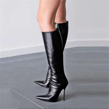 

New Roman Pointed Toe Chaps Knee High Boots Side Zipper Thin High Heels Party Dress Shoes Women Fashion Catwalk Women Boots 2019