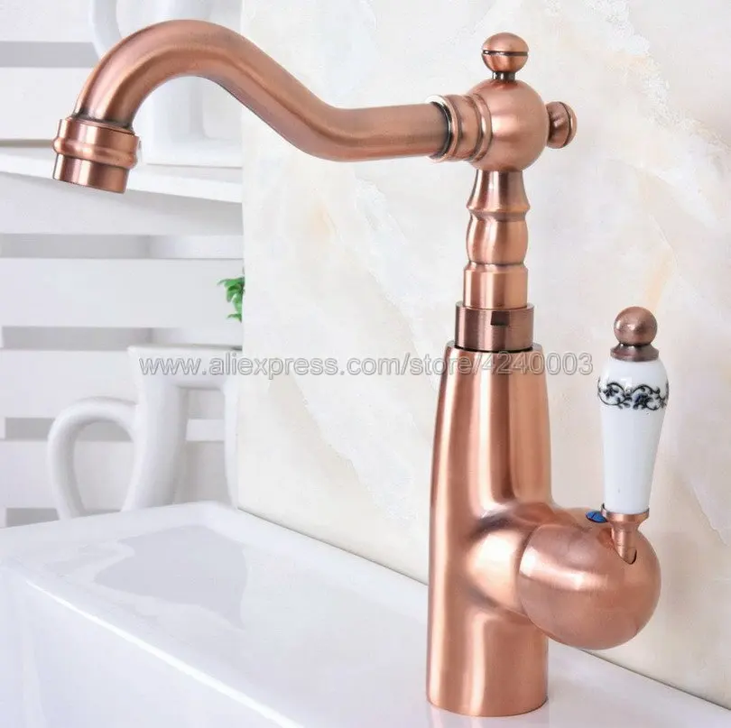 

Antique Red Copper Deck Mount Bathroom Faucet Vanity Vessel Sinks Mixer Tap Cold And Hot Water Tap Knf629