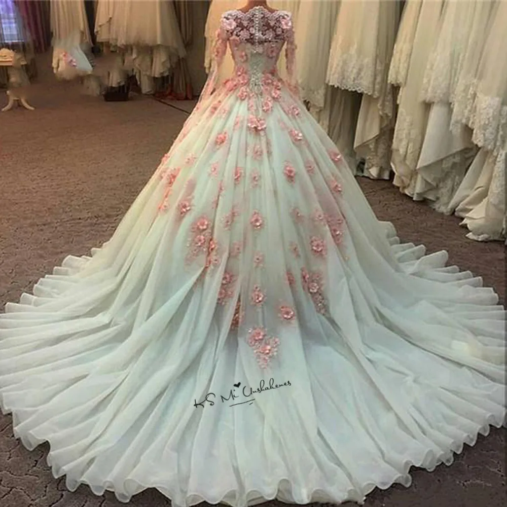 Розовые Свадебные платья с объемными цветами Vestido de Noiva Princesa, свадебные платья с длинным рукавом, кружевное винтажное платье для невесты в стиле бохо Gelinlik