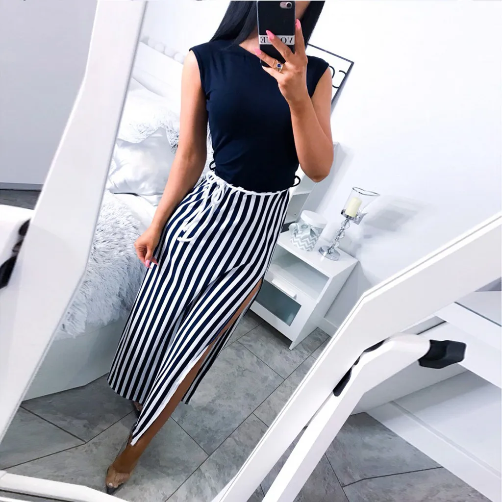 

Elegant Pacthwork Striped Long Dress Women Sleeveless Round Neck Bandage Hight Split Office Ladies Dress Female Summer Vestidos