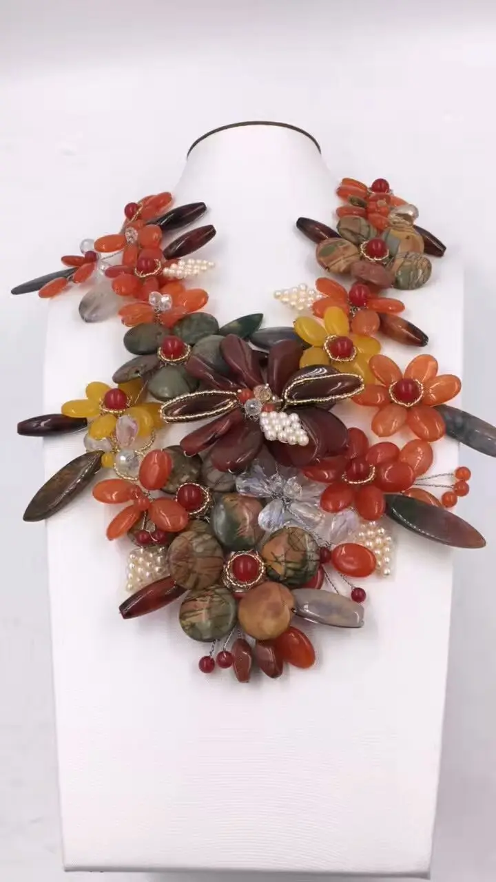 

red agat and freshwater pearl flower beads necklace 19-20inch weholesale beads gift FPPJ