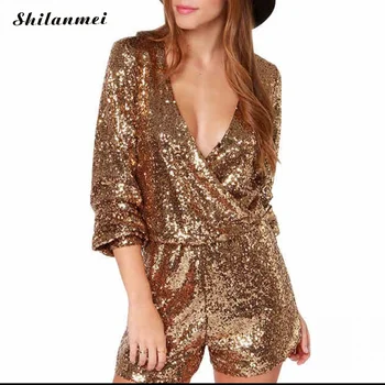 

Chic Gold Sequin Wrap Long Sleeve Romper Women 2019 Summer Short Rompers Low Cut V Neck Party Clubwear Sexy Playsuits Jumpsuit